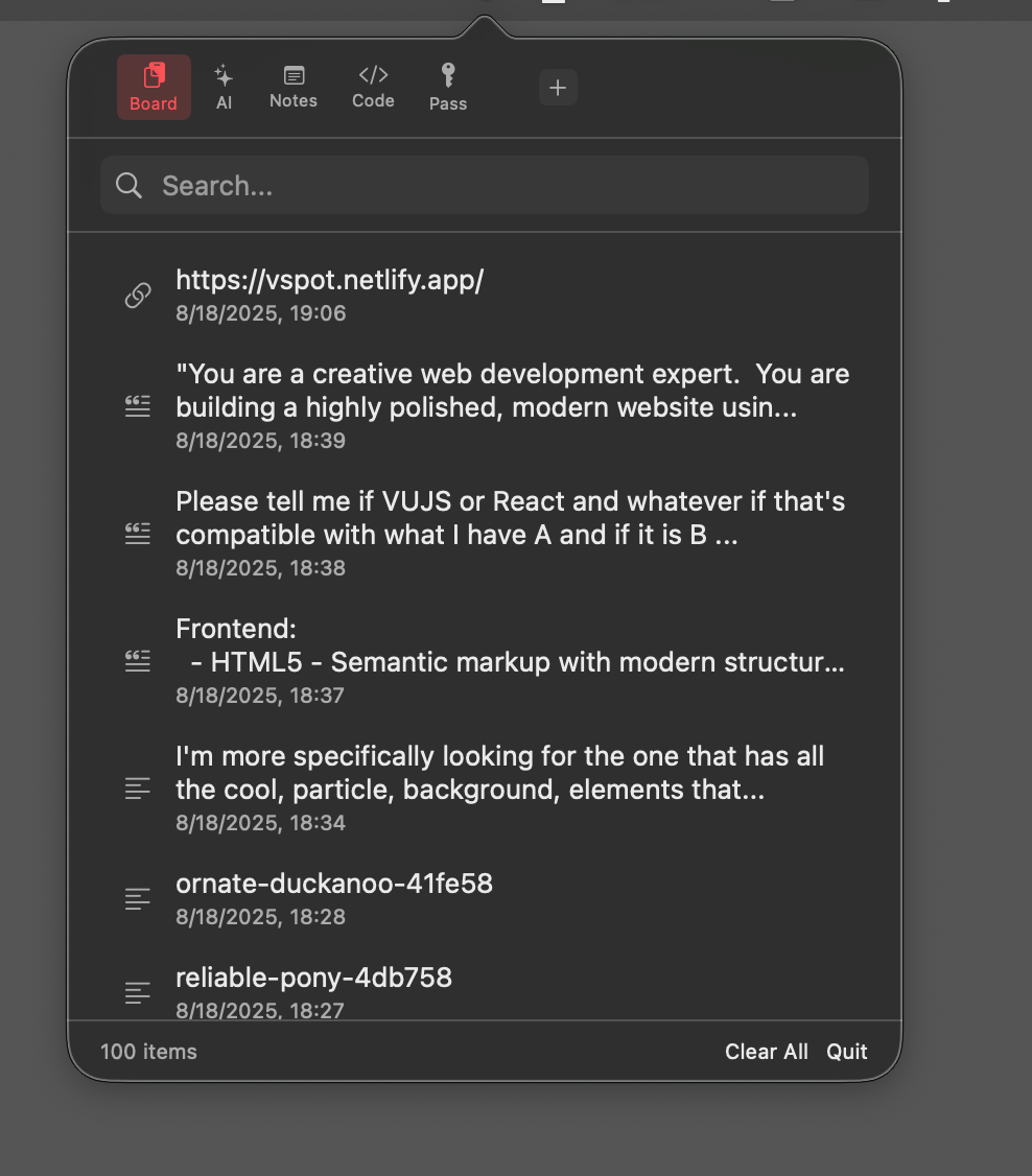 Screenshot of Vspot board view showing intelligent clipboard content organization